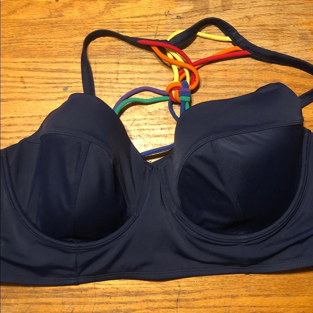 Women’s Navy Underwire Swim Top with Rainbow Straps